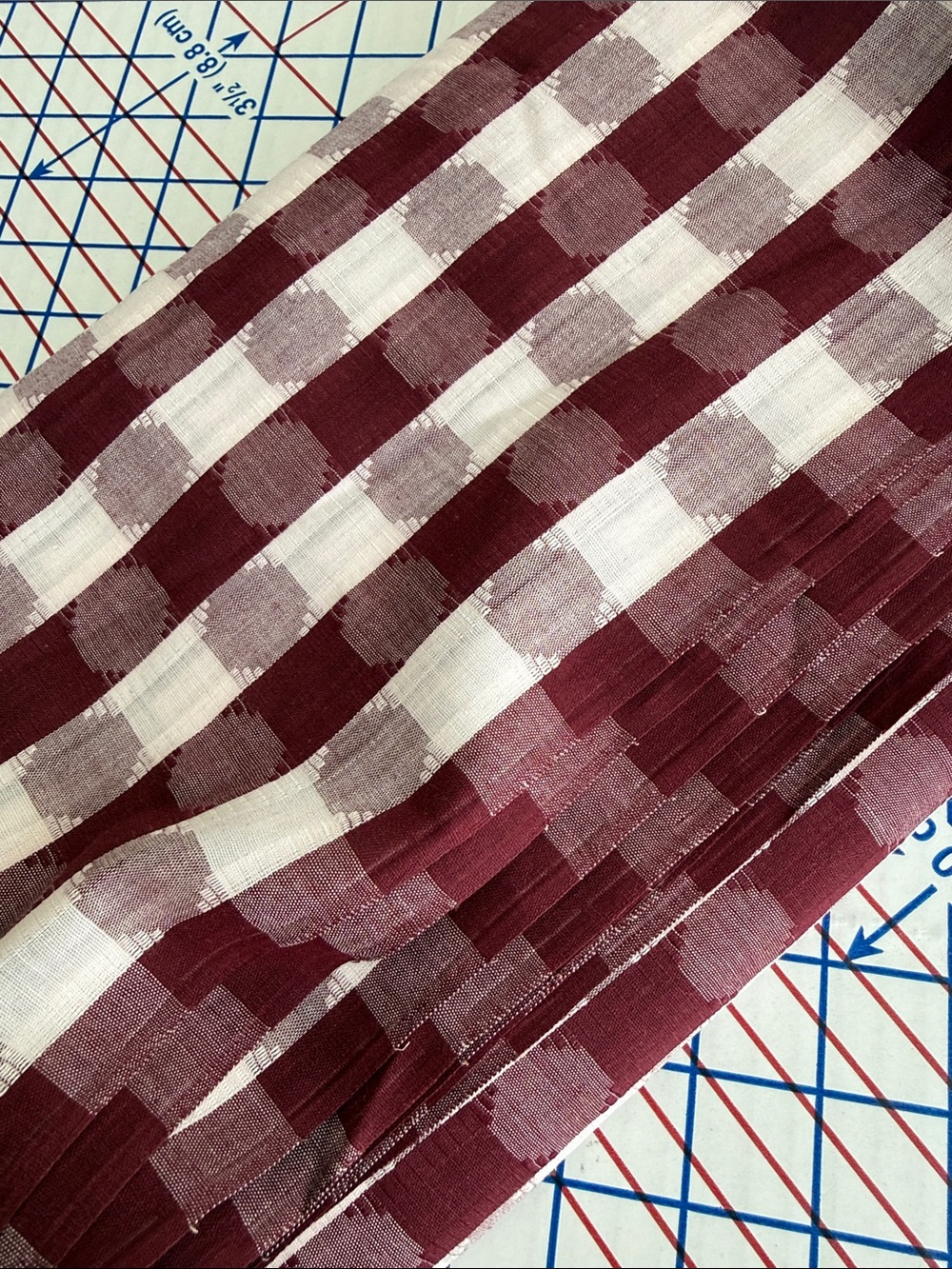 Vintage 60s 70s Burgundy Ivory Woven Check Fabric 5 Yards x 44” - Picture 2 of 13